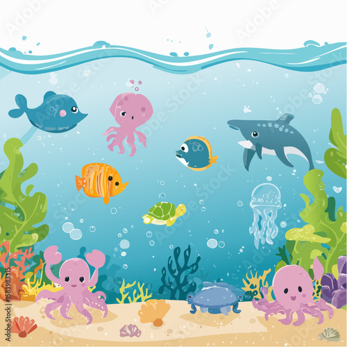 Cheerful underwater scene with diverse marine life, including playful octopuses, fish, and a whale, swimming amidst vibrant coral.