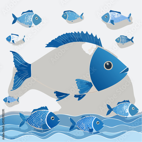 Cartoonish illustration of various fish swimming in a stylized aquatic environment.