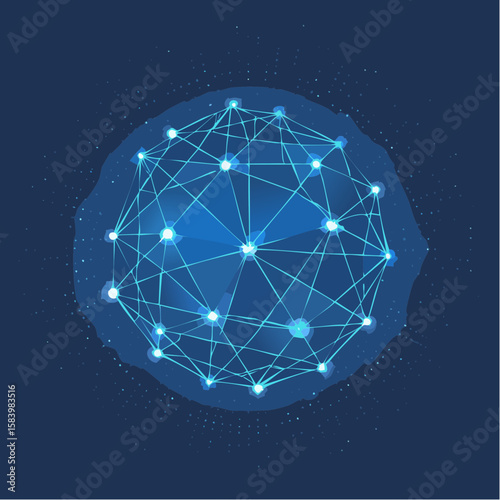 A glowing network of interconnected nodes forms a digital sphere against a dark background.