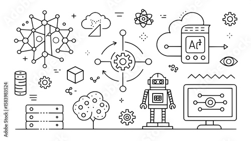 A collection of minimalist, hand-sketched icons representing AI and machine learning, including neural networks, robots, datasets, training models, and algorithm symbols, all in a playful doodle forma
