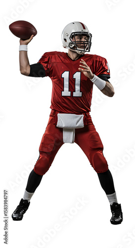 An American Football Quarterback in Full Uniform Preparing to Throw a Long Pass Downfield on isolated transparent background.