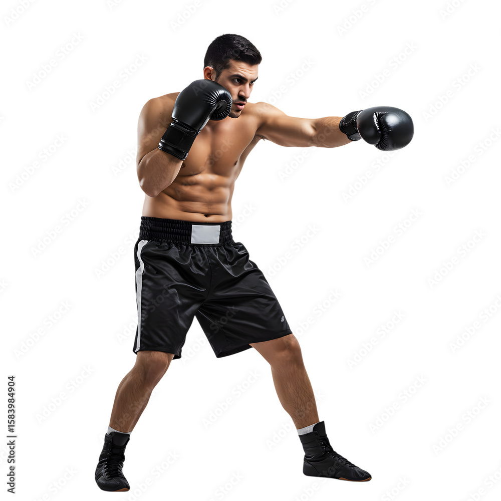 A Male Boxer in a Defensive Fighting Stance with an Intense and Focused Gaze on isolated transparent background. A Male Boxer in a Defensive Fighting Stance with an Intense and Focused Gaze on isolated transparent background.