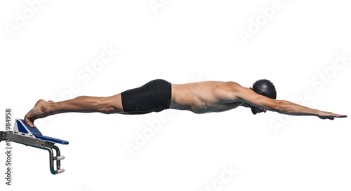 A Competitive Male Swimmer Executing a Powerful and Streamlined Dive off a Starting Block on isolated transparent background.