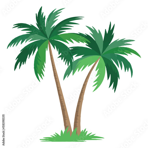 Two lush palm trees stand tall against a clear sky, isolated on white background, evoking the tranquility and beauty of a tropical island paradise