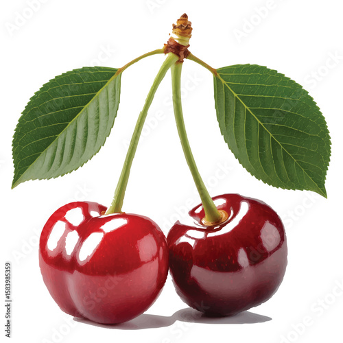 Two ripe red cherries with green leaves are isolated on white background, showcasing their vibrant color and juicy texture