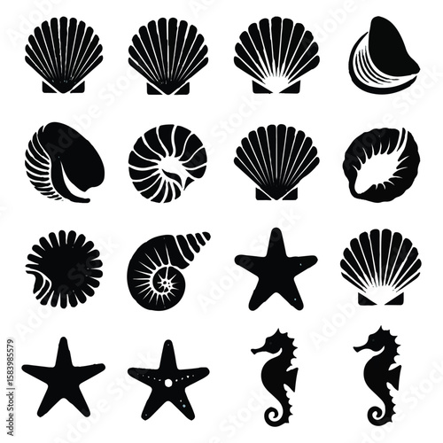 A collection of sea shell and sea creature silhouettes isolated on white background evokes the tranquility of the beach, perfect for adding a coastal touch to any creative endeavor