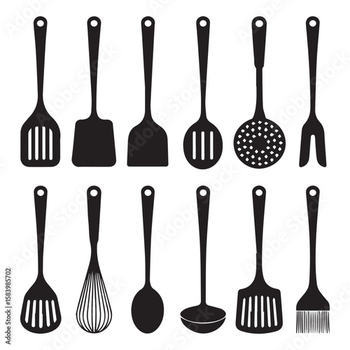 A set of kitchen utensils, including spoons, spatulas, and whisks, are displayed as black silhouettes isolated on white background