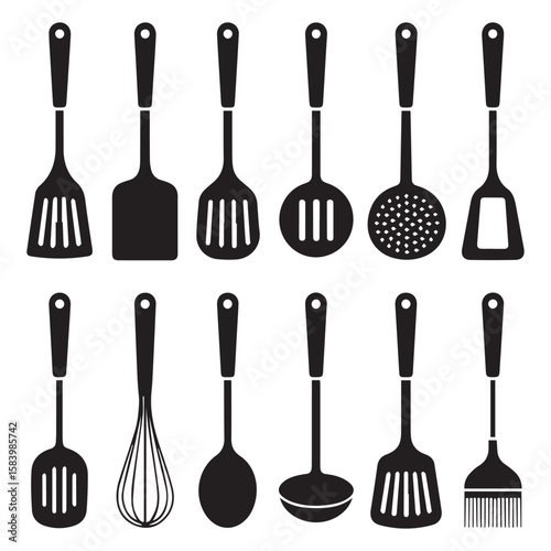 A collection of essential kitchen utensils, including spoons, spatulas, and whisks, are displayed as black silhouettes isolated on white background
