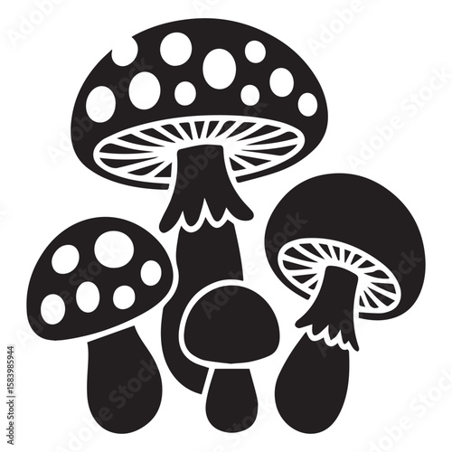 A group of black and white mushrooms are isolated on white background, creating a striking contrast