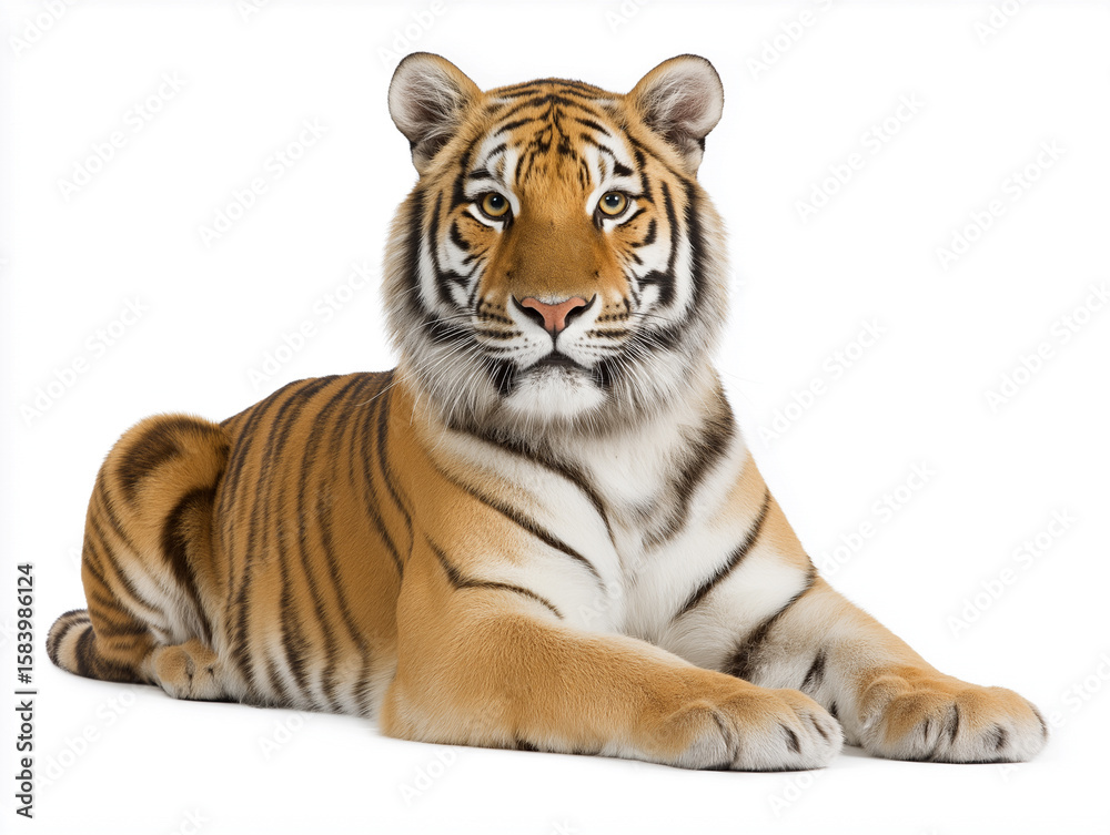 Fototapeta premium Majestic tiger lying gracefully on white background during indoor setting in a tranquil environment
