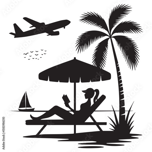 A woman is relaxing on a beach chair under an umbrella, reading a book while an airplane flies overhead, with a palm tree and sailboat in the background, isolated on white background