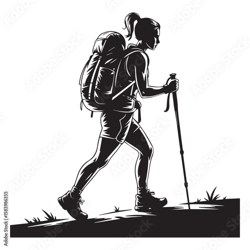 A silhouette of a woman hiking with a backpack, trekking poles, and determination, set against a stark white background
