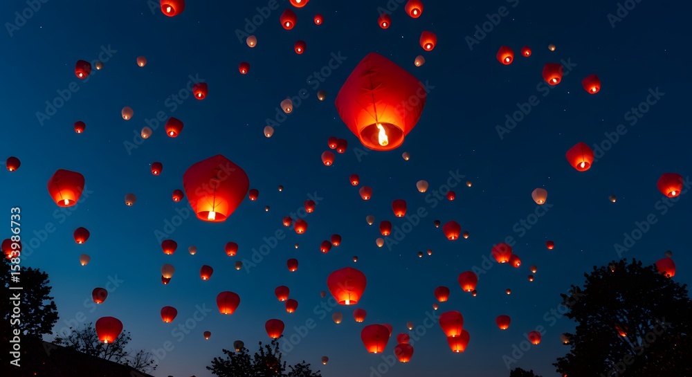 Fototapeta premium Numerous Red Sky Lanterns Floating in a Dark Blue Twilight Sky, Illuminated by Warm Light, Creating a Magical Atmosphere