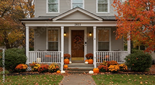 Fototapeta Naklejka Na Ścianę i Meble -  A house decorated for autumn with pumpkins, mums, and a wreath on the door. Fall foliage is visible in the trees.