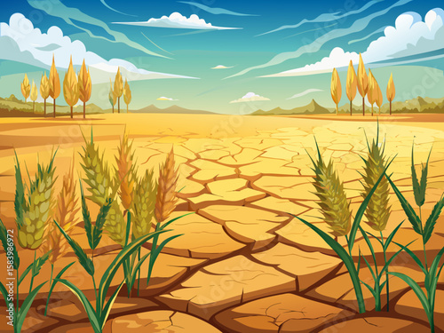 vector of Dry and cracked ground in the wheat field shows the severe impact of drought and significant damage to agricultural products...