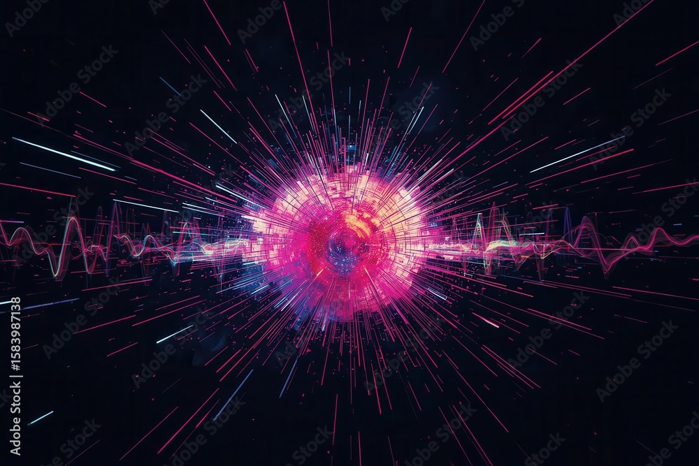 Fototapeta premium Abstract digital artwork featuring a central sphere emitting radial lines and waveform visualizations.