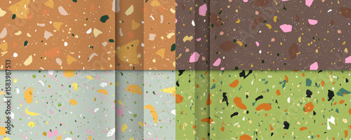 Set seamless terrazzo patterns. Pattern for ceramics marble natural stone. Vector stock illustration textured shapes in vibrant colors