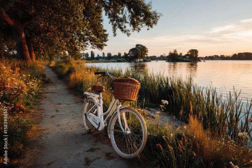 Obraz premium A vintage bike by a lake at sunset