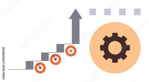 Steps advancing upward with a rising arrow, circular progress indicators, and a large gear. Ideal for growth, strategy, success, productivity, process improvement innovation teamwork. Simple flat