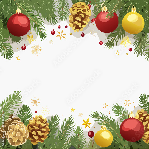 Christmas vector border with pine branches, ornaments, pine cones, and berries. Festive garland frame on white background for holiday cards, invitations, or banners.