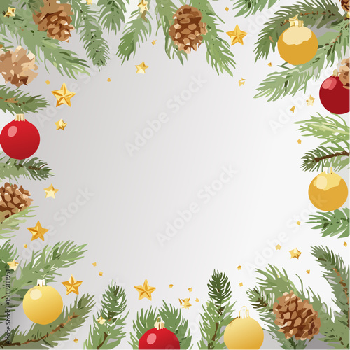 Christmas vector border with pine branches, ornaments, pine cones, and berries. Festive garland frame on white background for holiday cards, invitations, or banners.