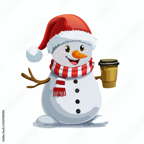 Cute cartoon snowman in red scarf and Santa hat holding a hot drink. 3D winter character on white background, perfect for Christmas, holiday, or seasonal designs.