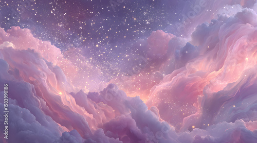 Pink unicorn sky with stars. Cute purple pastel background. Fantasy dreaming galaxy and magic wavy space with fairy light