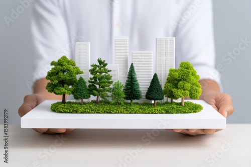 A green city planning concept, businessman holding chart with mini trees and urban model, for Advertise, for banner, with copy space