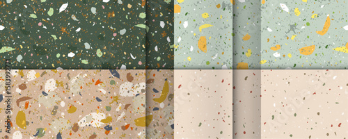 Set seamless terrazzo patterns. Pattern for ceramics marble natural stone. Vector stock illustration textured shapes in vibrant colors