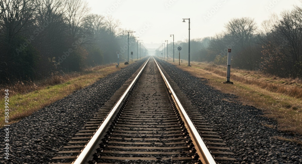 Fototapeta premium Railroad tracks stretch into the distance, flanked by trees and poles, under a hazy sky.