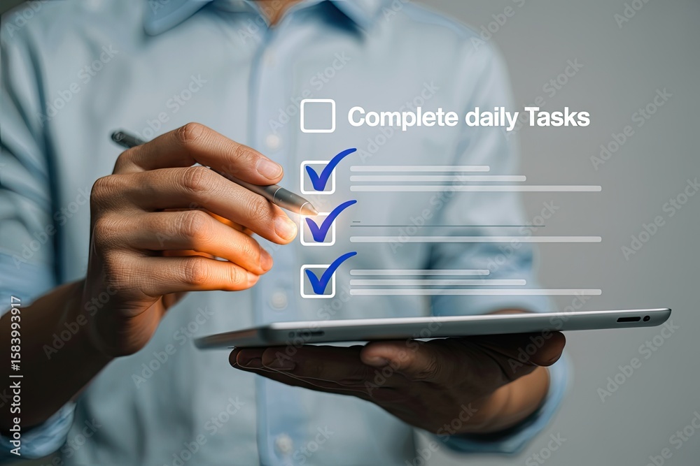 Obraz premium Close up of a person s hands holding a tablet and marking off completed tasks on a digital checklist with a stylus