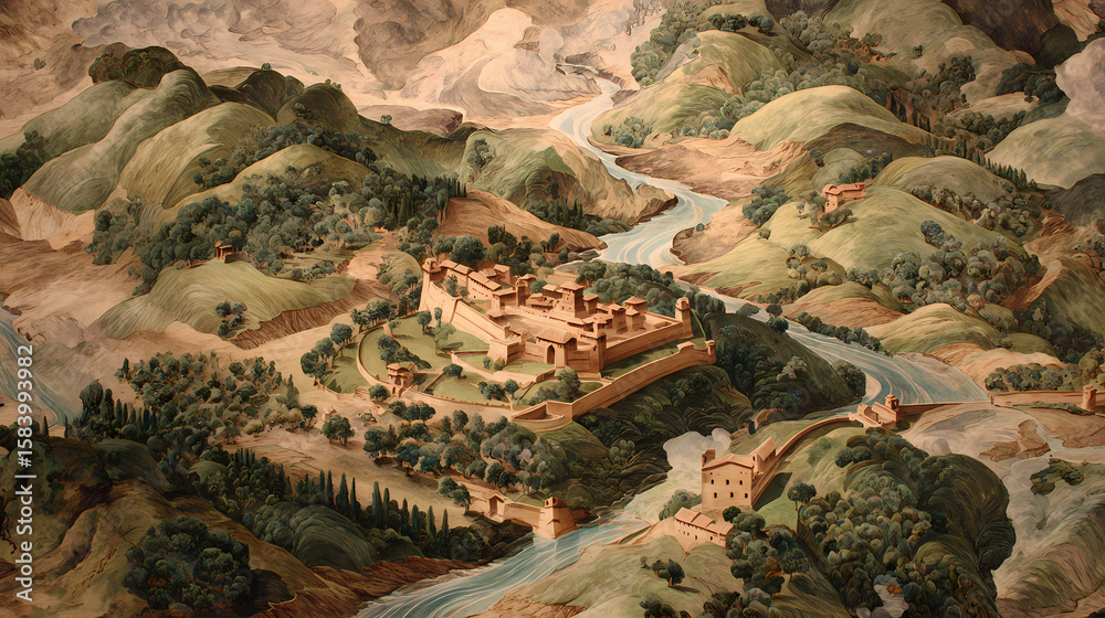 Obraz premium River curving around hills with ancient village enclosed by walls