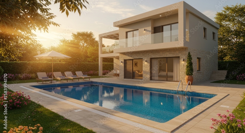 Luxurious modern villa with a swimming pool, surrounded by lush landscaping. Luxurious modern villa with a swimming pool, surrounded by lush landscaping.