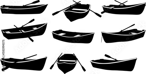 Small rowing boat with oars black silhouette vector illustration
