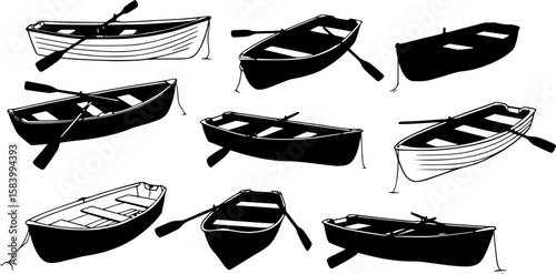 Small rowing boat with oars black silhouette vector illustration
