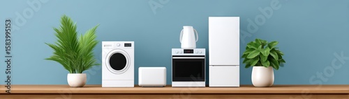 Set of household appliances with energy star label, smart energy use interior, soft shadow composition, energy saving concept, for Advertise, for banner, with copy space