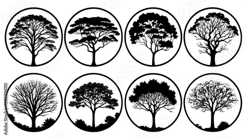 Black tree canopy silhouettes in circular frames, forming a pattern of icons. Each icon represents a different species or growth pattern. The style is minimal and uniform, with a high-contrast black-a