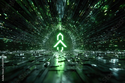 Fototapeta Naklejka Na Ścianę i Meble -  Neon green symbol in a dark, futuristic tunnel