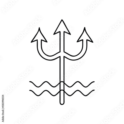 Trident with water waves icon in black outline style