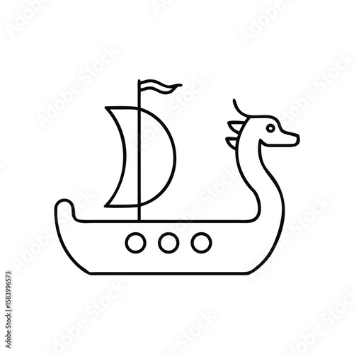 Viking longship with a dragon head icon in black outline style