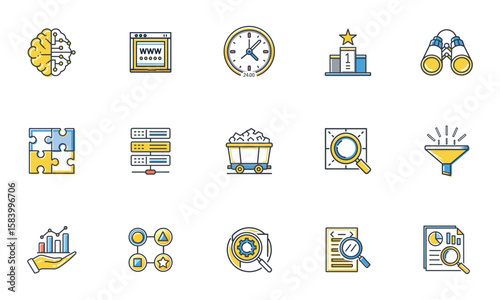 Brain network web clock podium binoculars puzzle server mining cart magnifying glass funnel chart data analysis | Ai Generated Icon in EPS, JPEG and PNG Multiformate