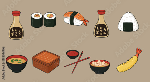Colorful Japanese Food Illustration Sushi, Miso Soup, and More