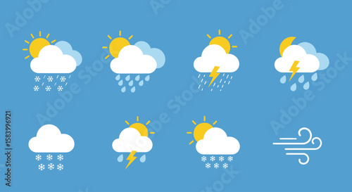 Weather Forecast Icons Sunshine, Rain, Thunderstorms, and Wind Vector Illustration