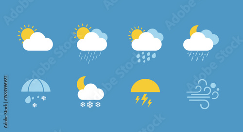 Weather Condition Icons Sunny, Rainy, Snowy, Windy, and Thunderstorm Conditions