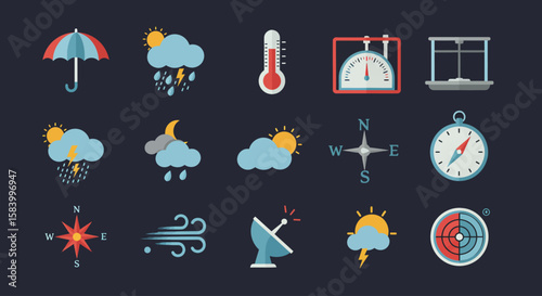 Collection of Modern Weather Icon Illustrations with Blue and Red Accents on Dark Background