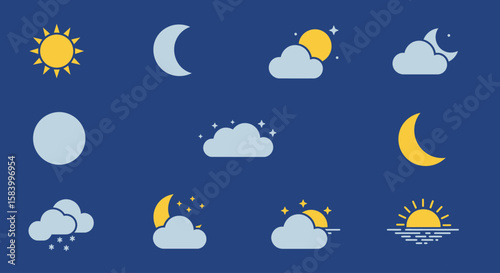 Minimalist Weather Forecast Icons Depicting Sun, Moon, and Clouds for Weather App UI Design
