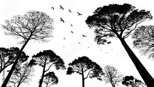 Minimalist tree canopy silhouettes displayed as isolated black shapes against a stark white backdrop. Each silhouette is evenly spaced and represents a unique species from an overhead perspective.




