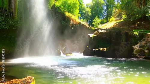 waterfall pool with sunlit mist serene atmosphere