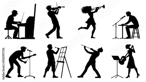 A flat composition of black silhouette figures performing creative and artistic activities, such as painting, playing musical instruments, dancing, sculpting, or acting. Each figure or pair is isolate