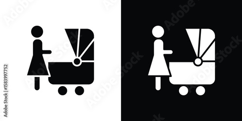 Woman with Baby Stroller icon silhouette in black flat style. Graphic element